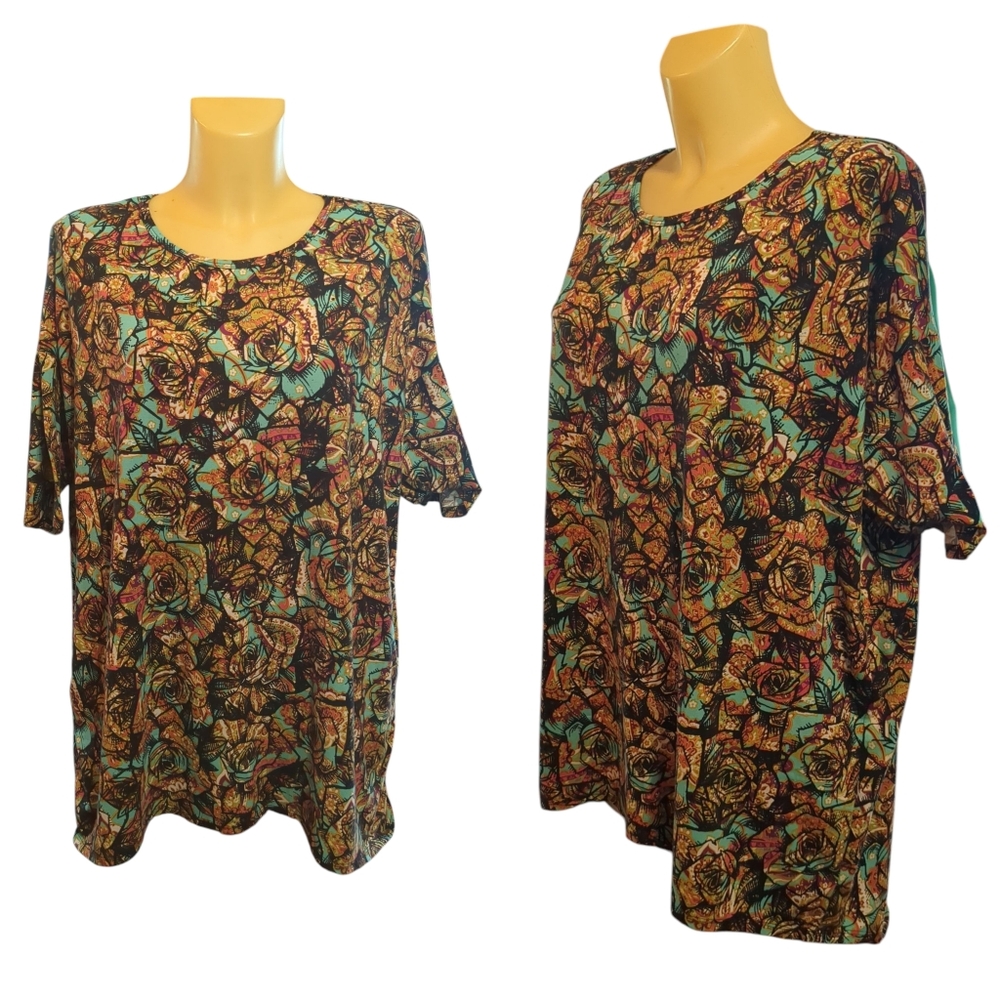 🌹3/15🌹LuLaRoe Irma Black Teal Orange Pink Rose Print Stretchy Tunic